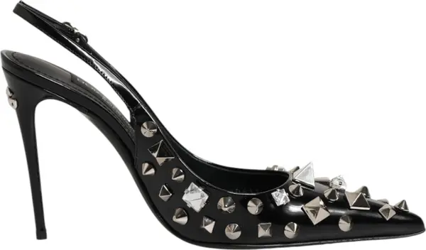 Black Studded Leather Heels Slingbacks Shoes