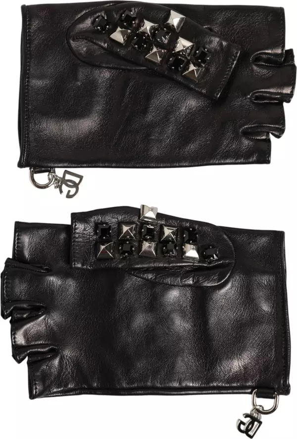 Black Leather Studded Fingerless Hand Mitten Men Gloves