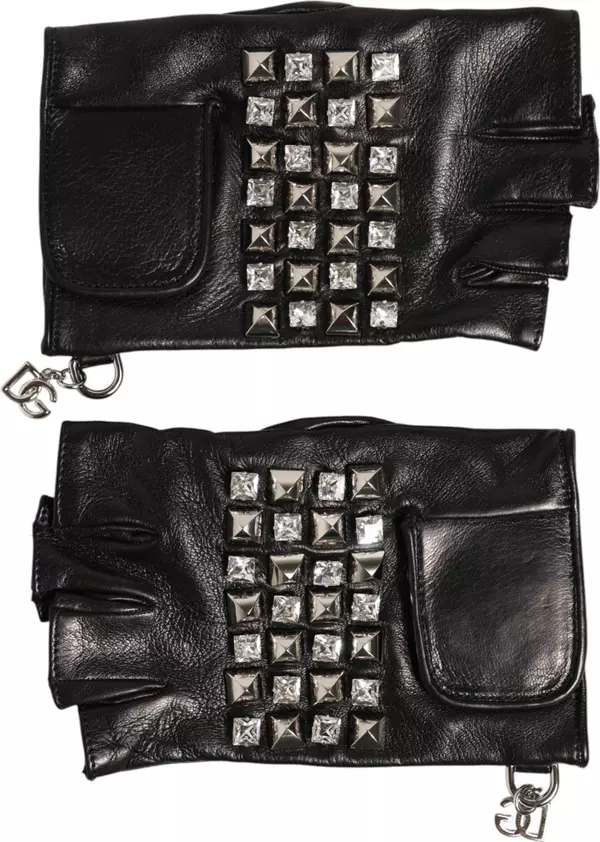 Black Leather Studded Fingerless Hand Mitten Men Gloves