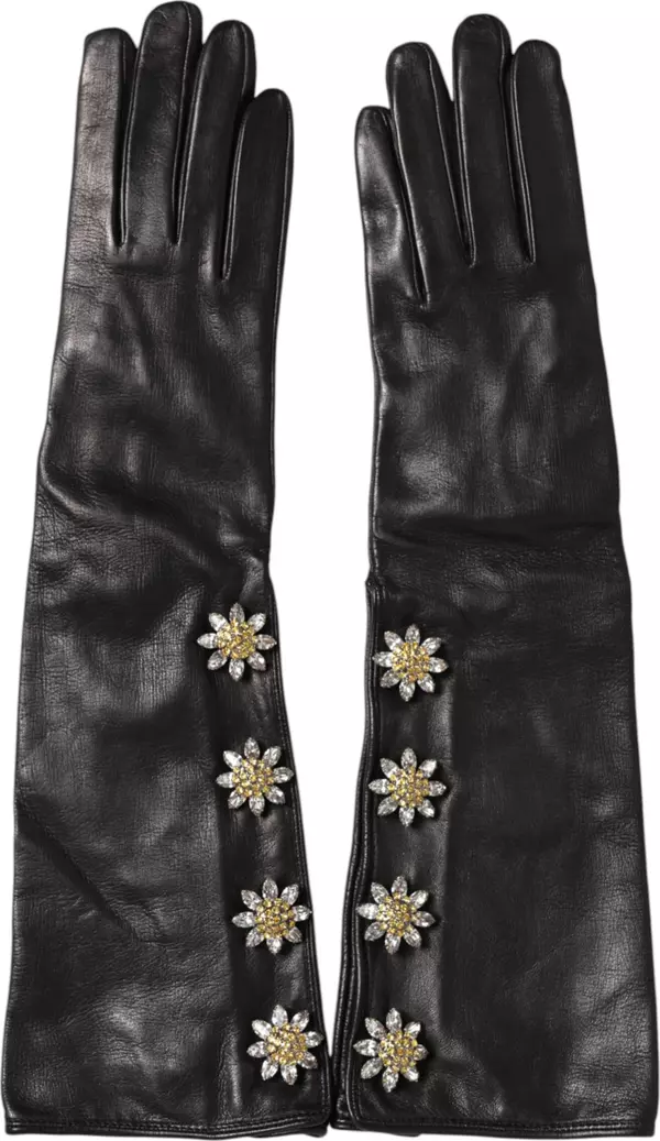 Black Leather Embellished Long Mitten Gloves