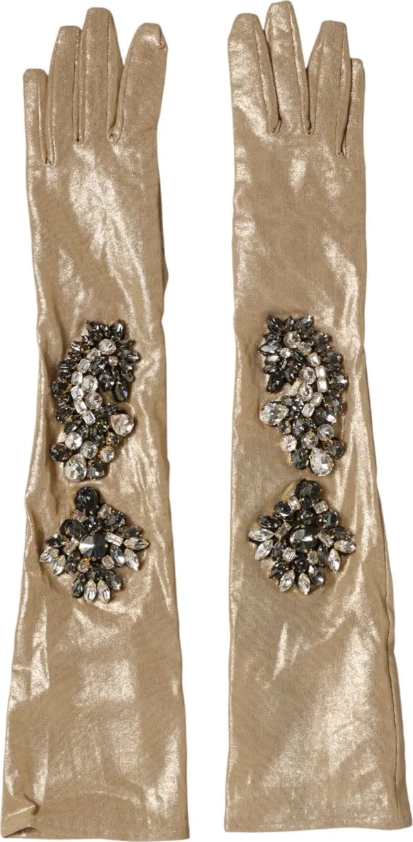 Beige Satin Crystal Elbow Length Mitten Gloves
