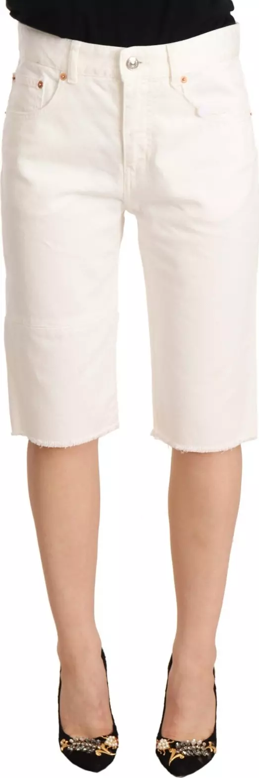 White Mid Waist Knee Length Bermuda Shorts