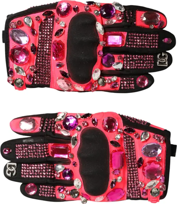 Black Pink Crystal Wrist Length Mitten Gloves