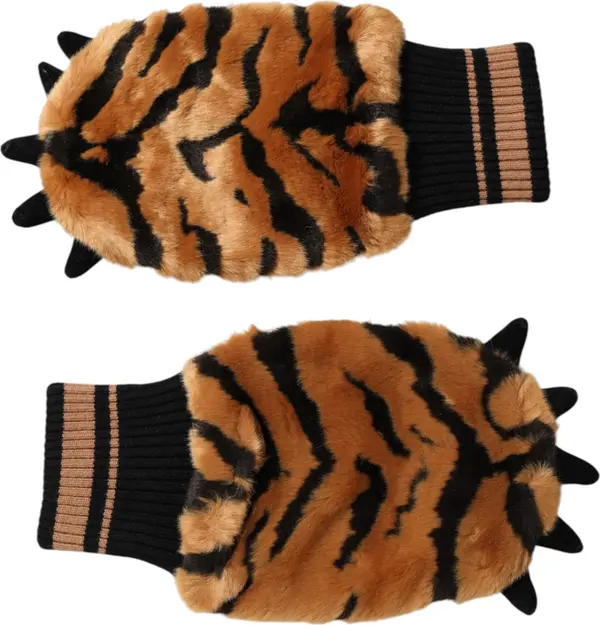 Brown Tiger Knitted Fur Wrist Mitten One Size Gloves