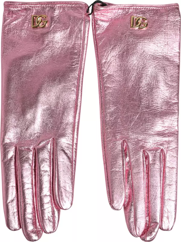 Pink Leather DG Logo Wrist Length Mitten Gloves