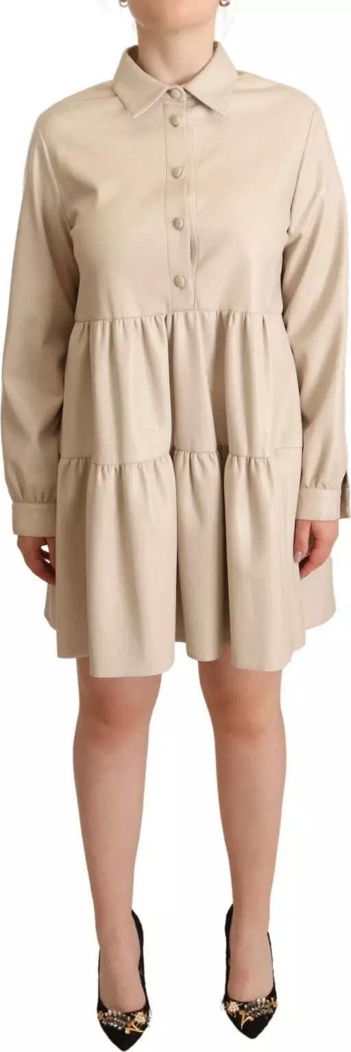 Leather Beige Long Sleeves Collared A-line Mini Dress