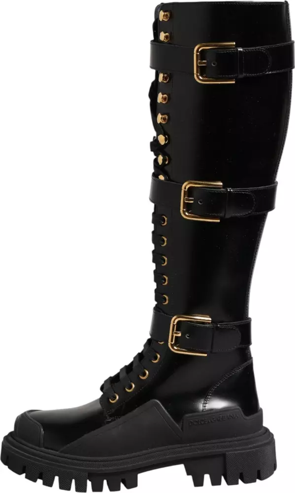 Black Buckle Embellished Knee High Boots Shoes