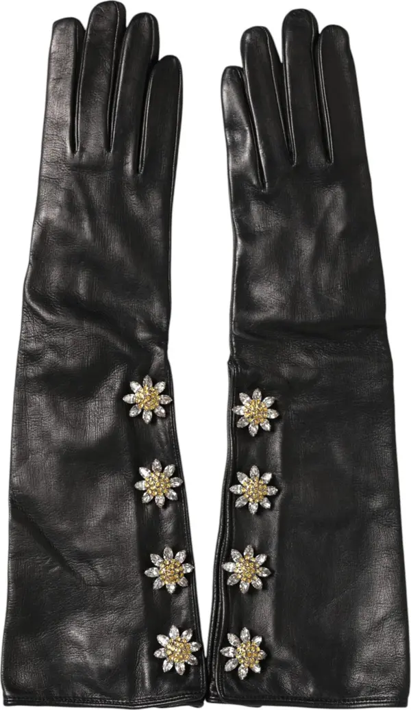 Black Leather Embellished Long Mitten Gloves