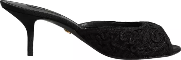 Black Embroidered Slip On Heels Slides Shoes