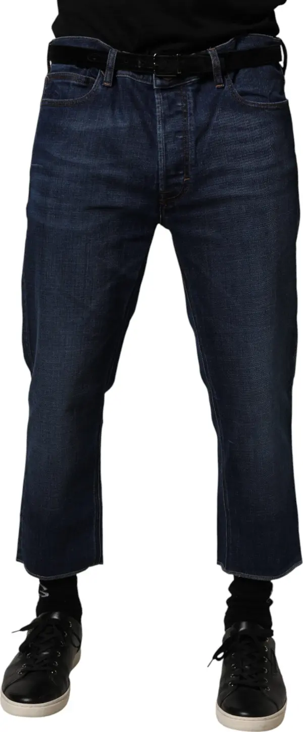 Blue Mid Waist Cotton Men Cropped Denim Jeans