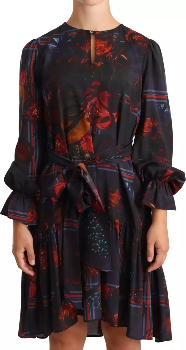 A-line Navy Blue Floral Silk Long Sleeve Knee Length Dress