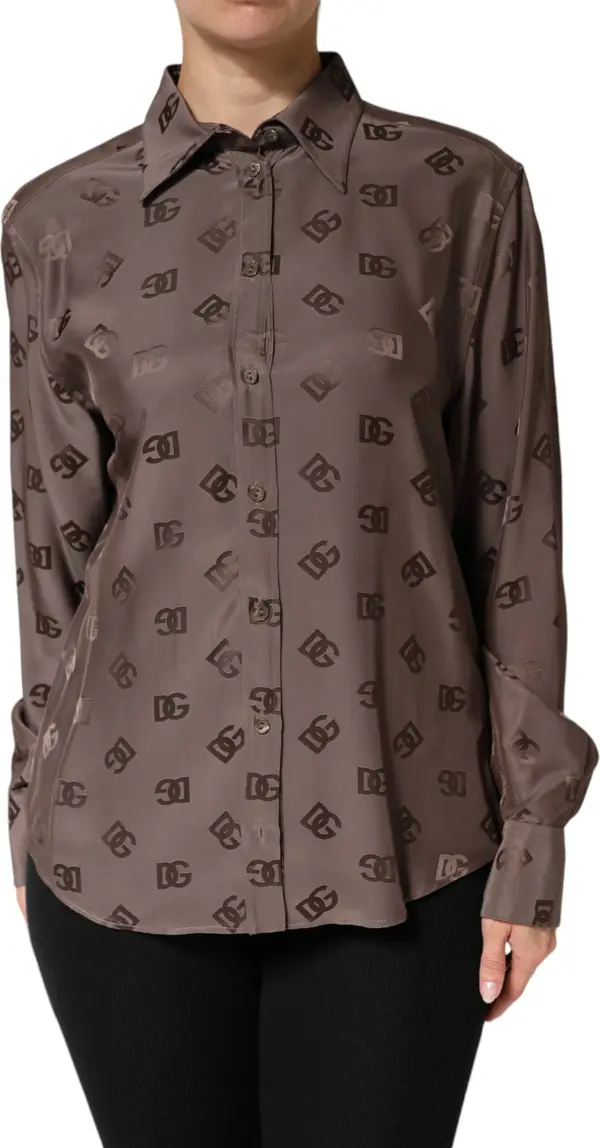 Brown Collared Long Sleeves Logo Shirt Top