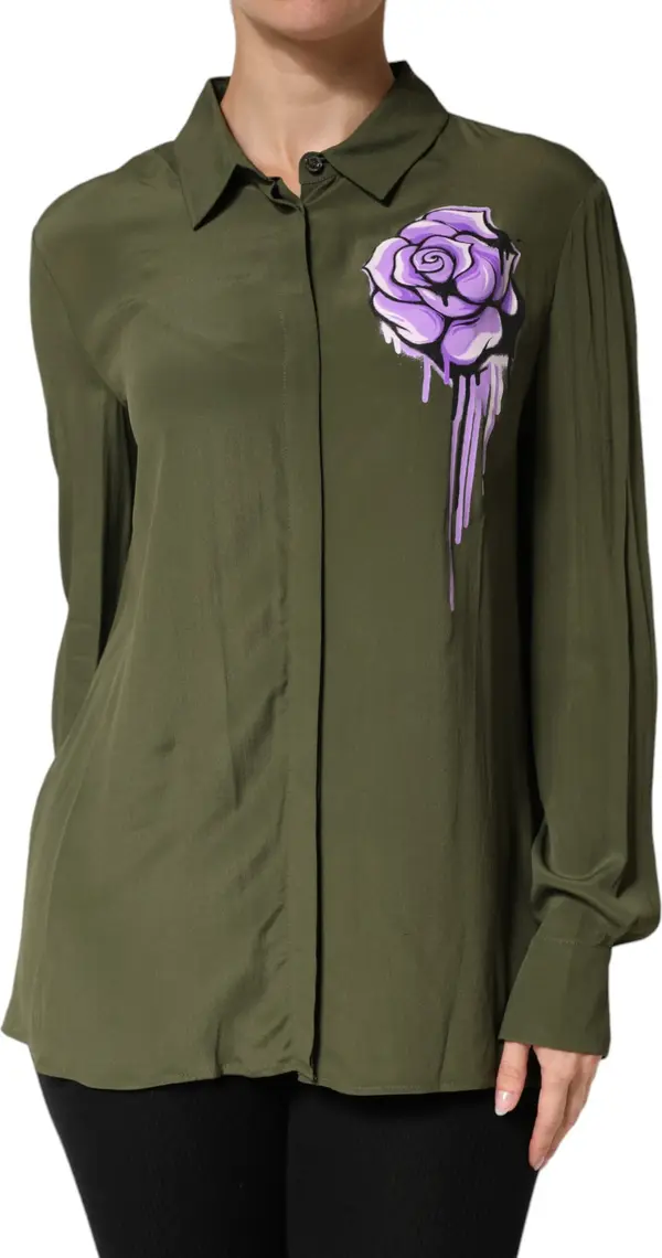 Top Green Acetate Collared Long Sleeves Floral Top