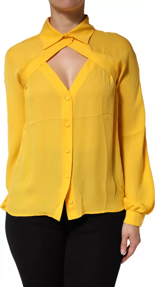 Yellow Silk Collared Long Sleeves Top