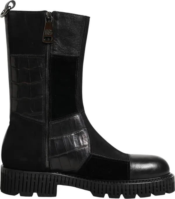 Black Patchwork Leather Mid Calf Boot Shoes