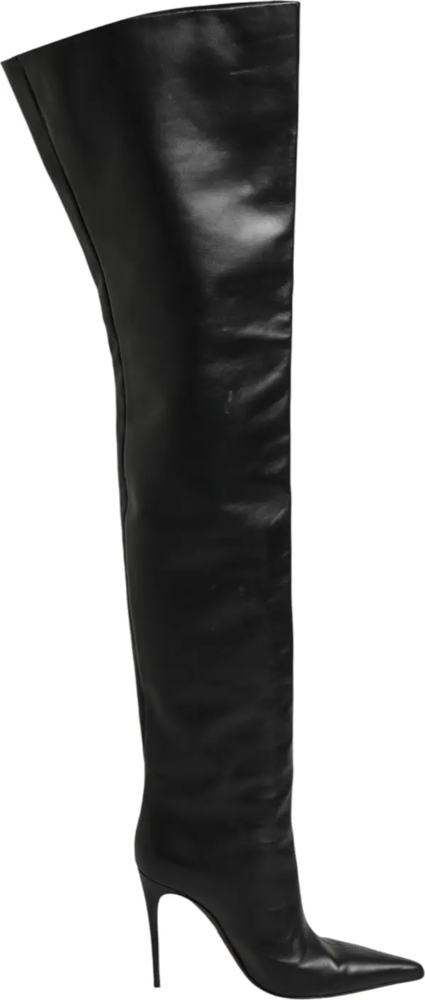 Black Leather Stiletto Knee High Boots Shoes