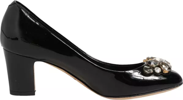 Black Leather Crystals Heels Pumps Shoes