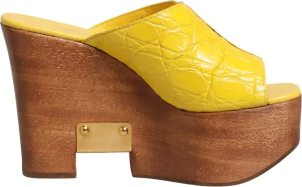 Yellow Leather Wood Mule Wedge Slides Shoes