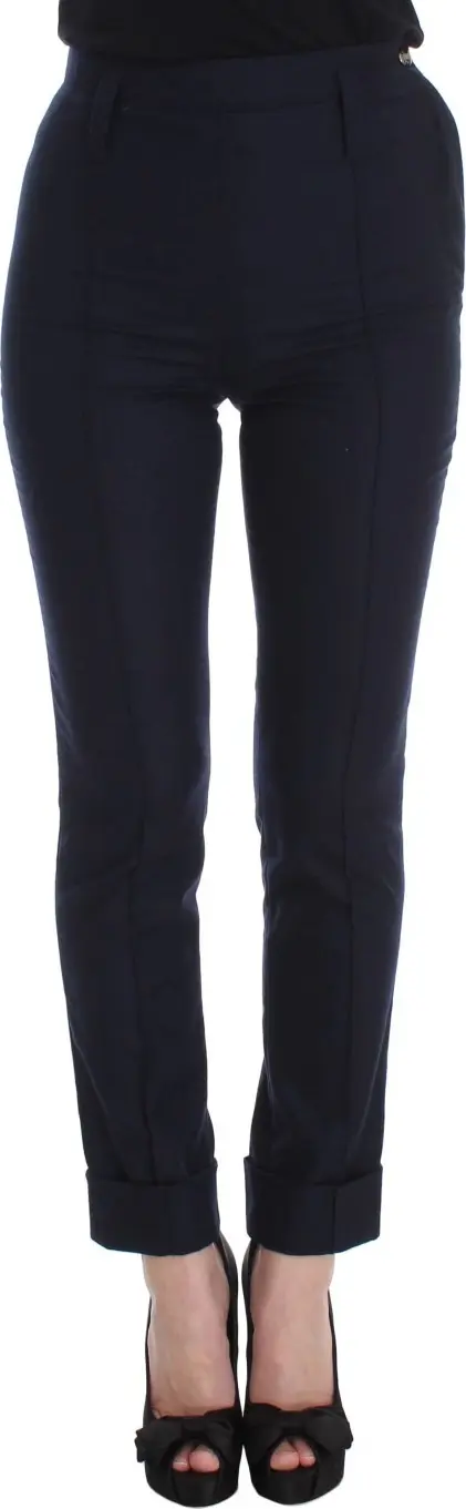 Blue Virgin Wool Slim Fit Casual Pants