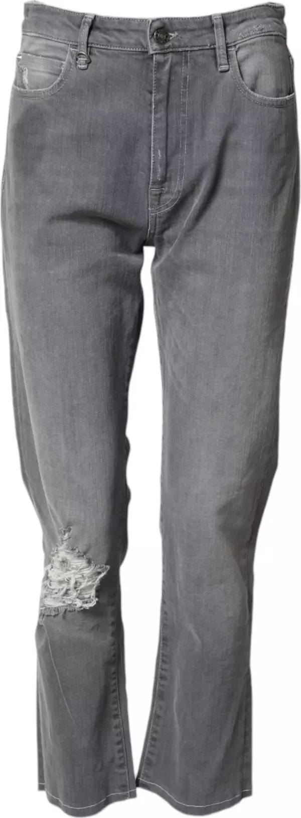 Gray Tattered Mid Waist Men Straight Denim Trouser Jeans
