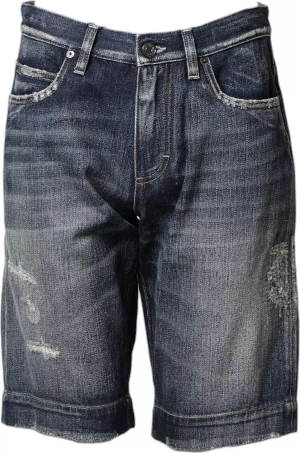 Blue Cotton Distressed Denim Bermuda Shorts