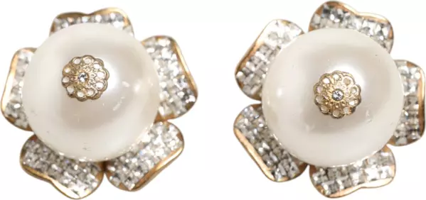 Gold Tone Maxi Faux Pearl Floral Clip-on Jewelry Earrings