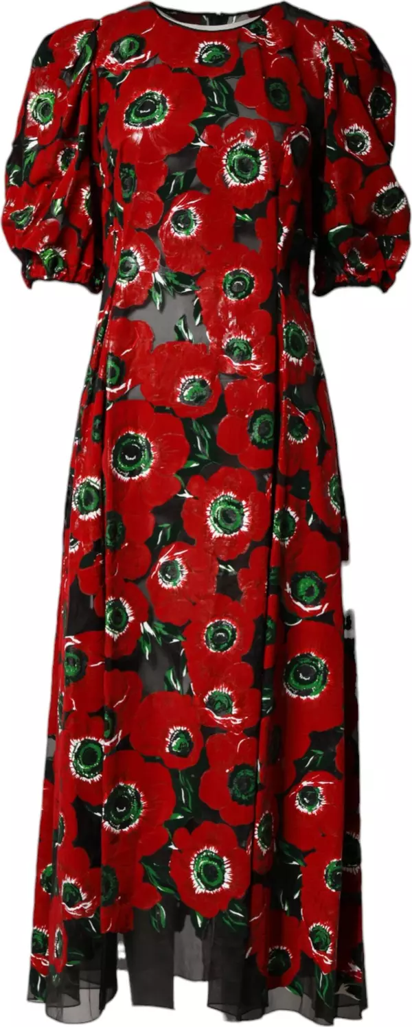 Red Floral Print Nylon A-line Midi Dress