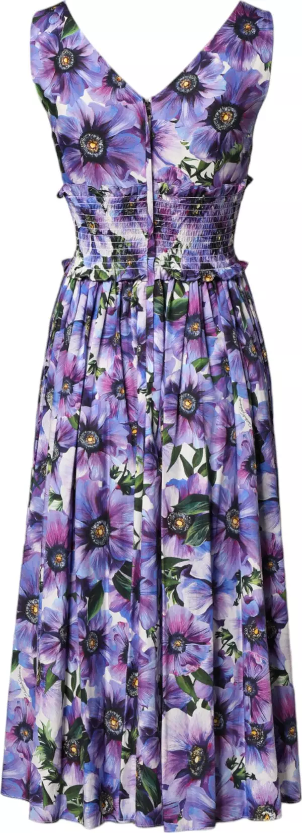 Purple Anemone Print Pleated Midi Dress