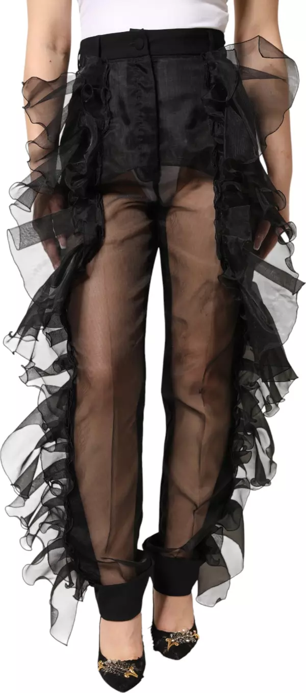 Black High Waist Tulle Wool Trouser Pants