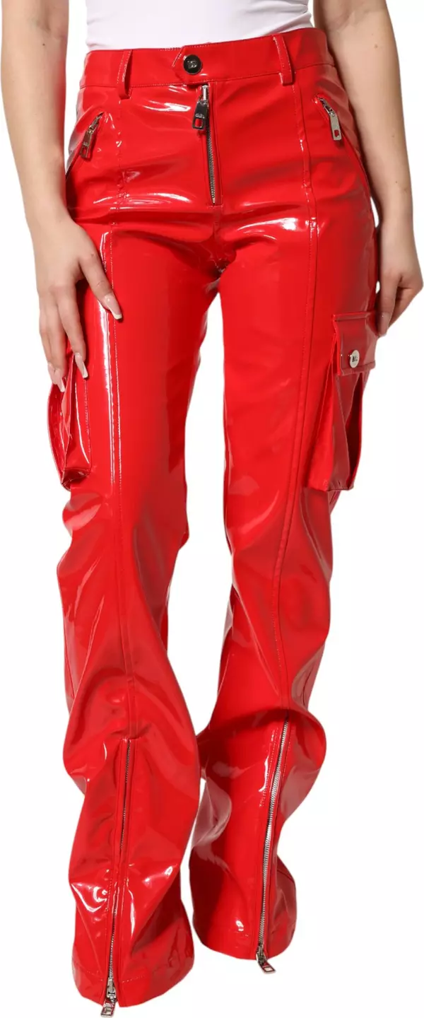 Red Glossy Polyester Cargo Boot Cut Pants