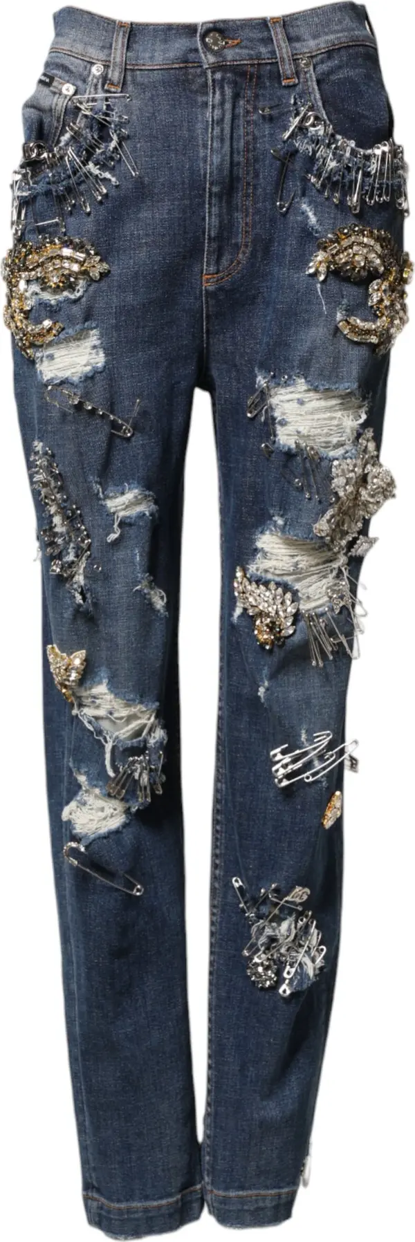 Blue Cotton Rhinestone Embellish Denim Jeans