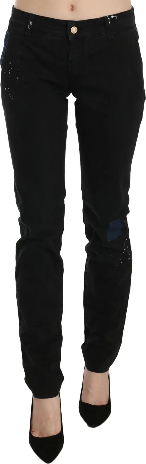 Black Low Waist White Paint Skinny Denim Pants Jeans