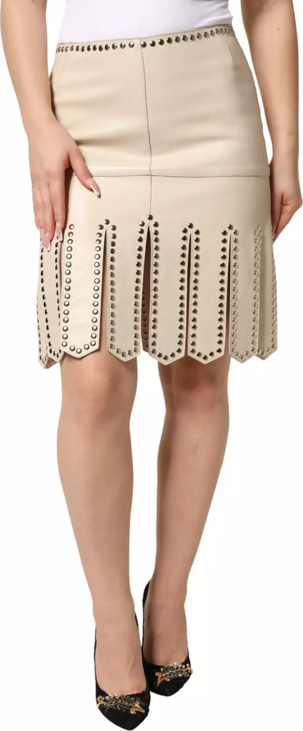Beige Leather Studs Mid Waist Mini Skirt