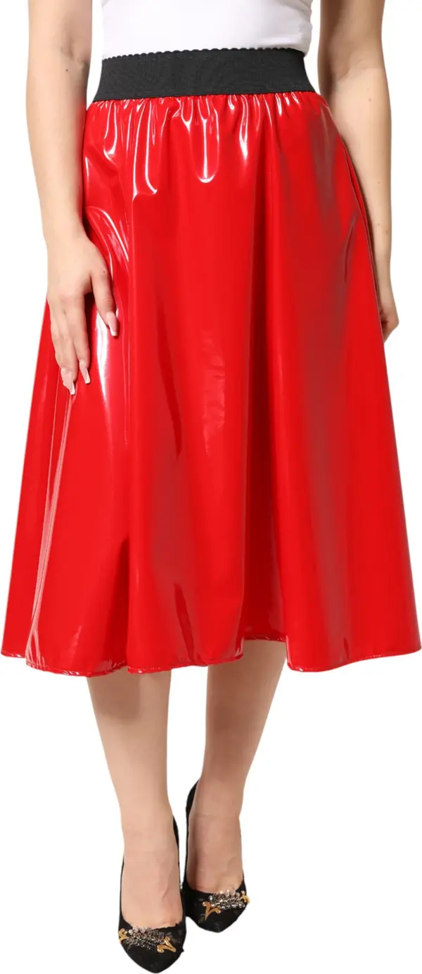 Glossy Red Polyester High Waist Midi Skirt