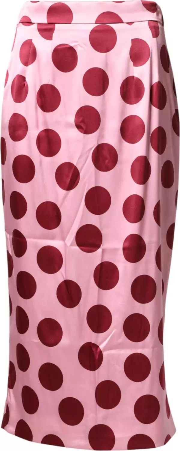 Pink Polka Dot Silk Pencil Cut Midi Skirt