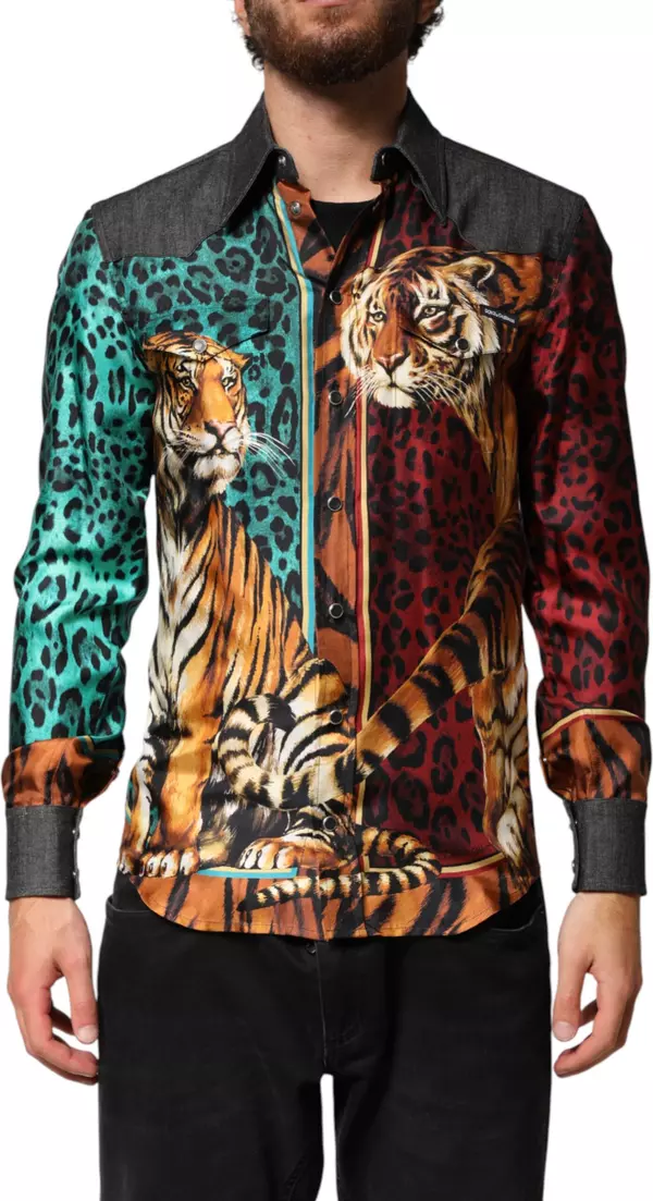 Multicolor Tiger Leopard Print Silk Men Shirt