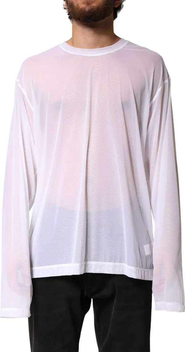 White Nylon Long Sleeves Crewneck T-Shirt