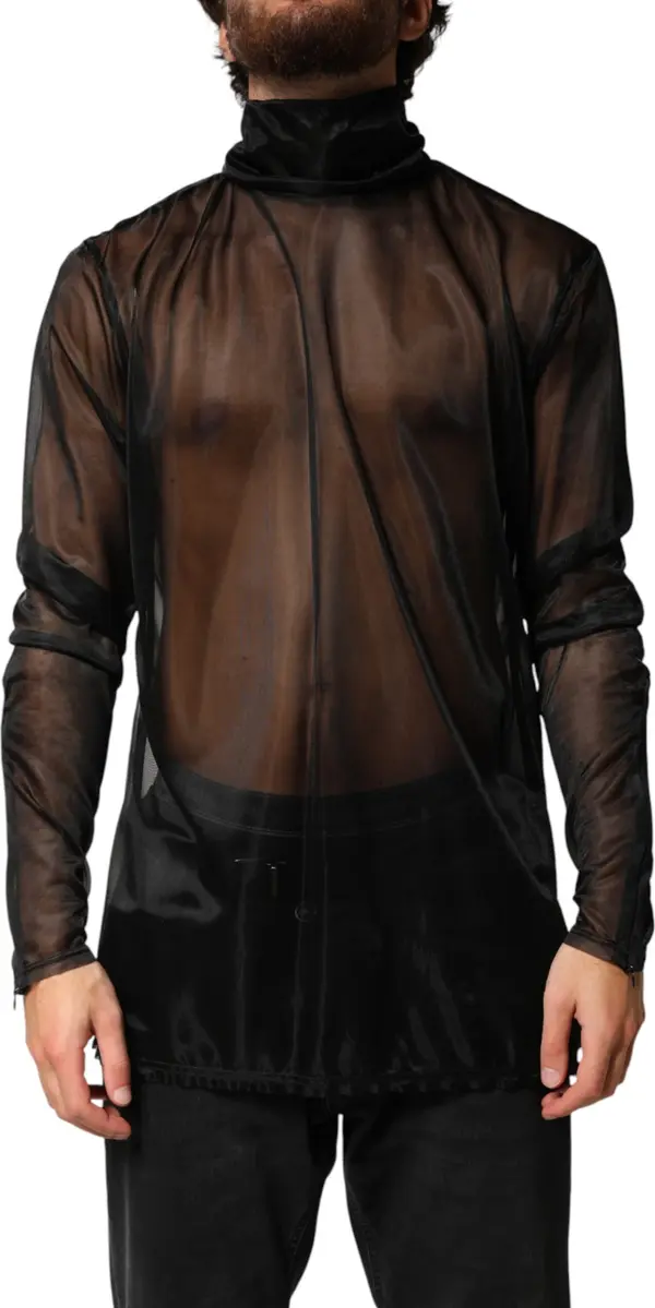 Black Sheer Long Sleeves Turtleneck Top