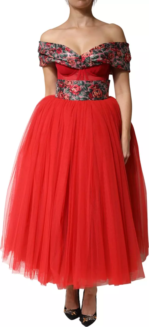 Red Floral Off Shoulder A-line Gown Dress