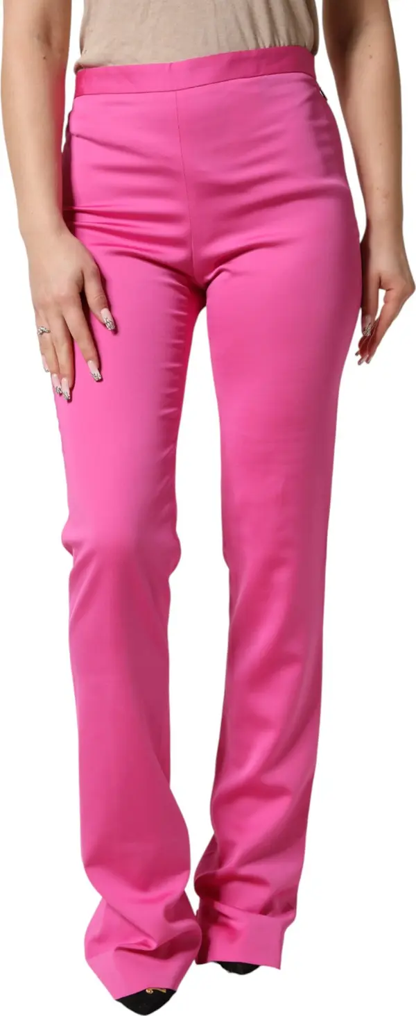 Pink Viscose High Waist Straight Casual Trouser Pants