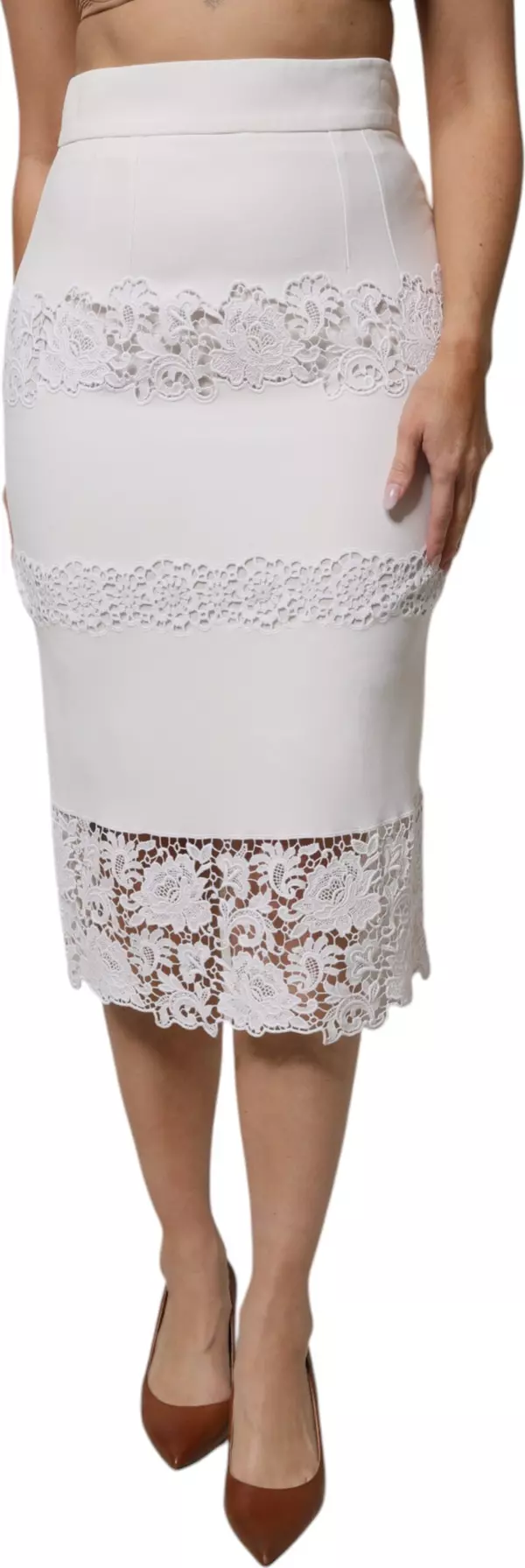 White Floral Lace High Waist Pencil Cut Skirt