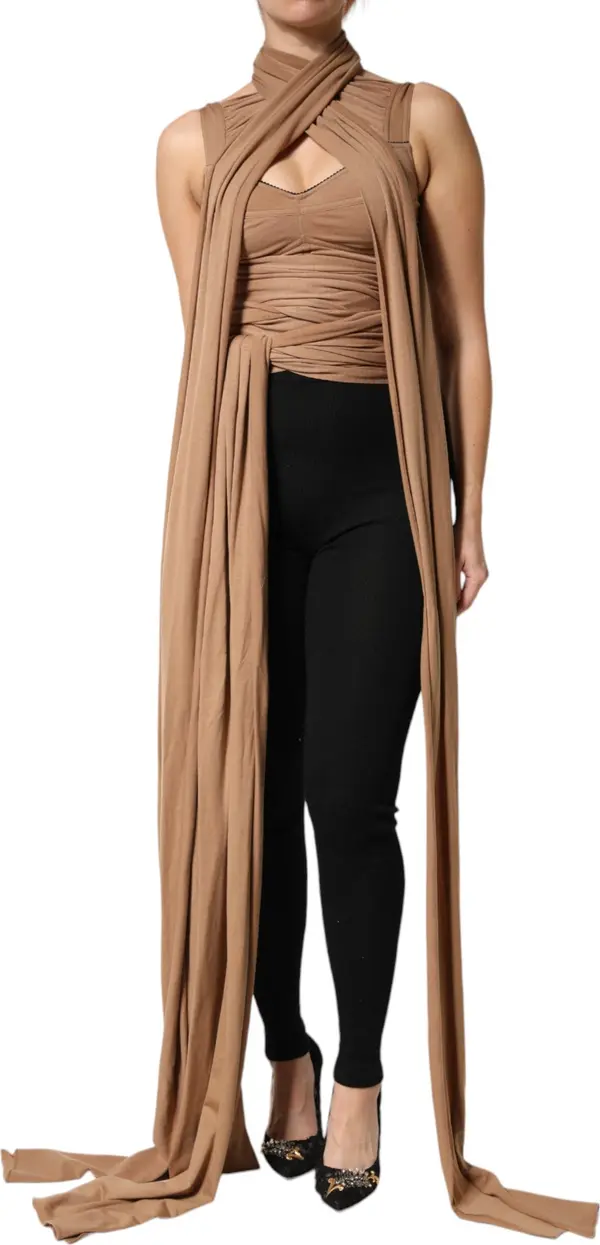 Brown Virgin Wool Sleeveless Scarf Tank Top