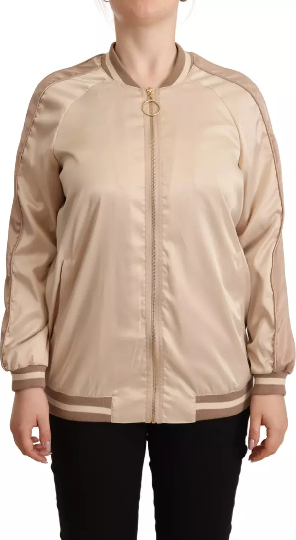 Bomber Full Zip Beige Long Sleeves Polyester Jacket