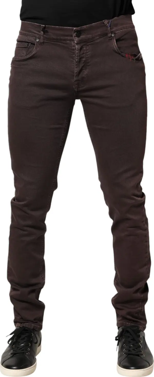 Brown Cotton Mid Waist Skinny Men Denim Jeans