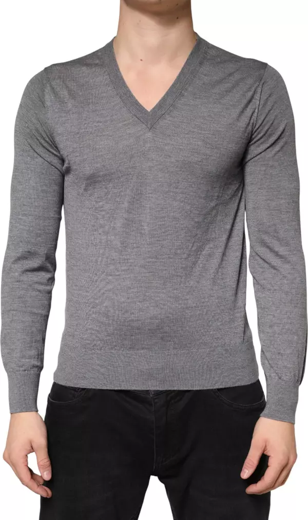 Gray Cashmere V-Neck Men Pullover Sweater