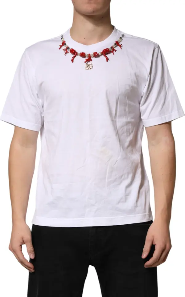 White Cotton Necklace Embellished T-shirt