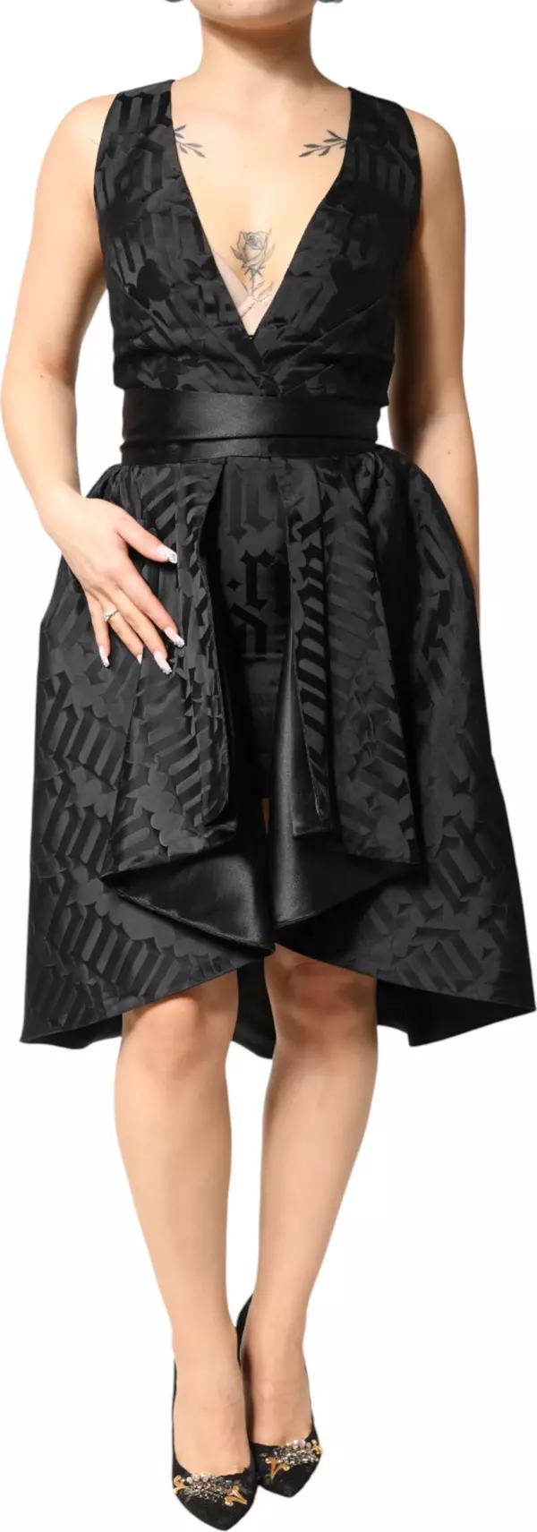 Black Jacquard Deep V-neck Sleeveless 2 Pc Dress