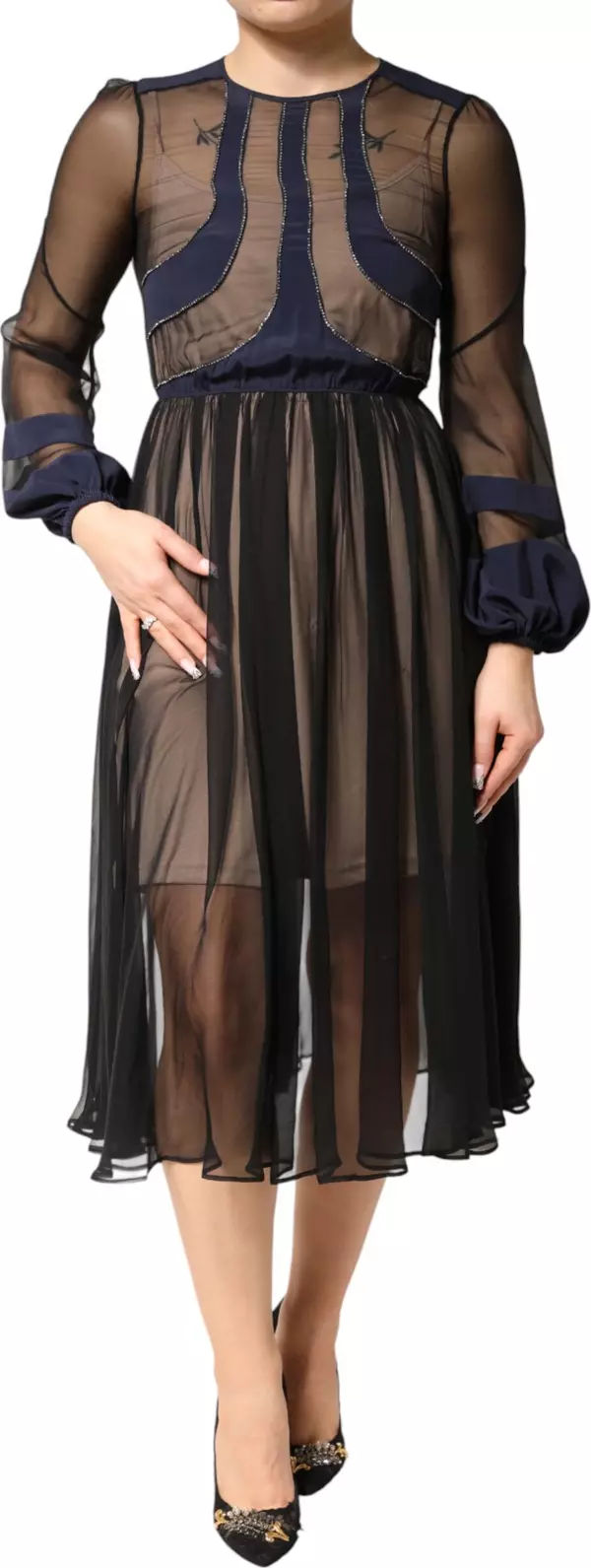 Blue Long Sleeves Sheer Silk Sheath A-line Midi Dress