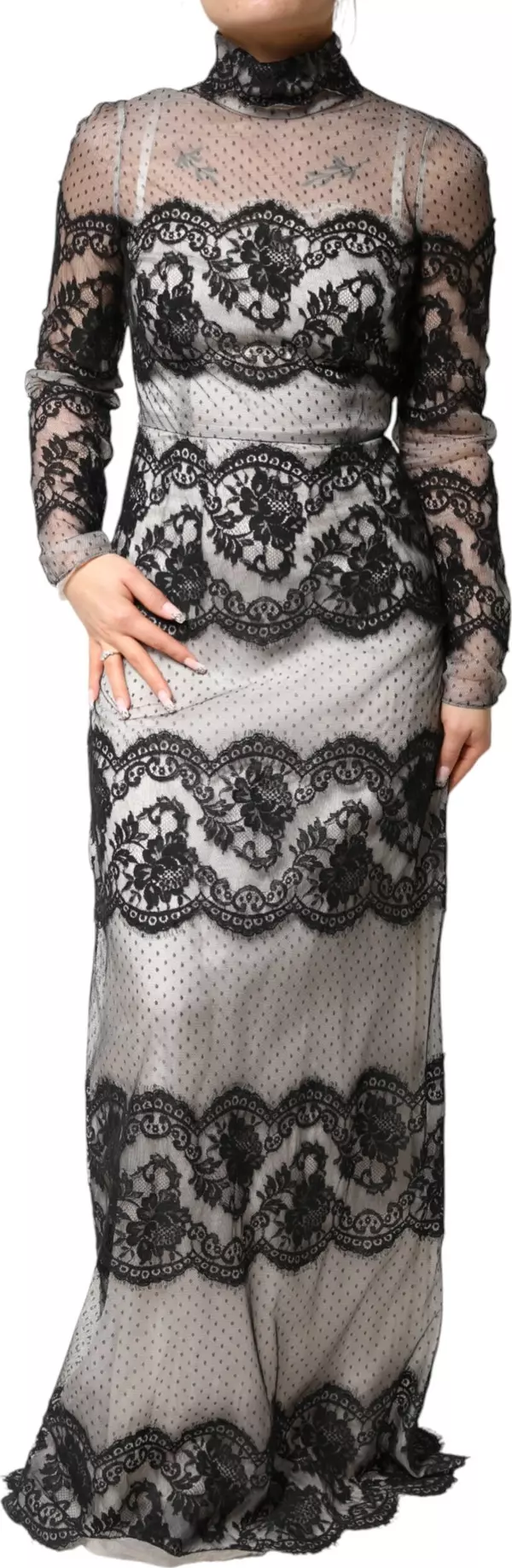 Black White Lace Silk Blend MaxiSheath Dress