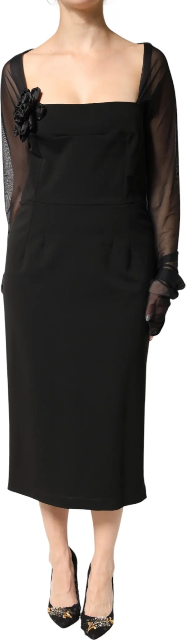 Black Sheer Yoke Rosette Sheath Midi Dress